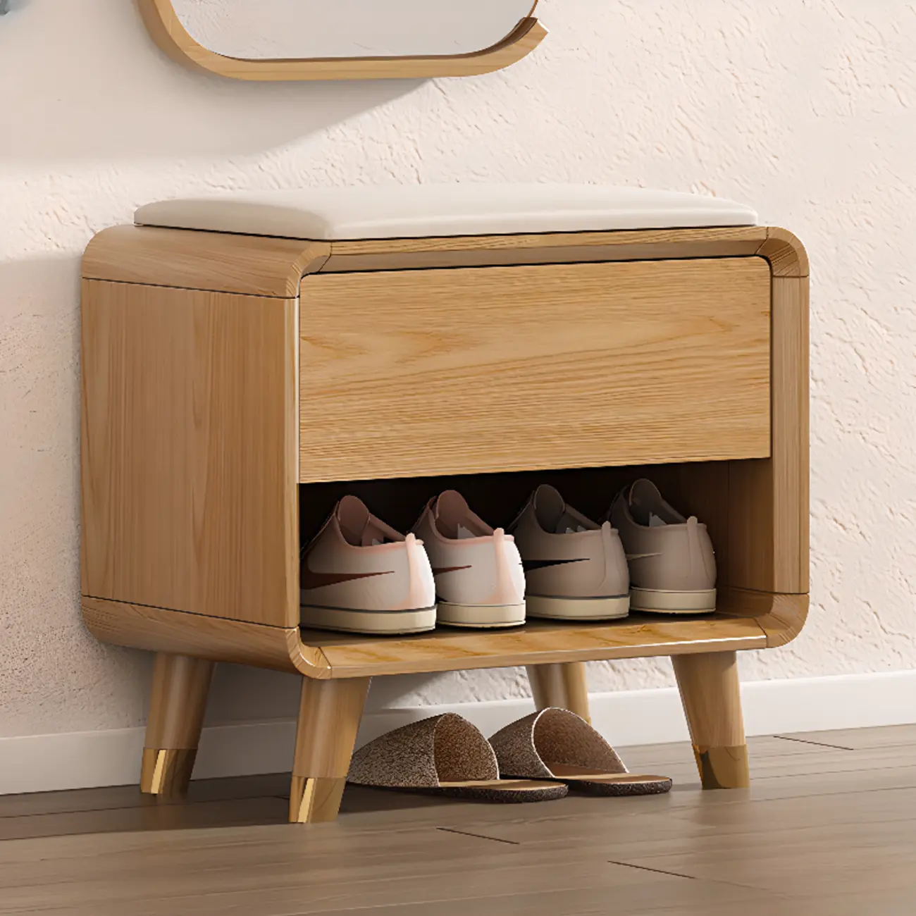 Natural Wood Shoe Storage Bench with Drawers Image - 7 | homeyfad