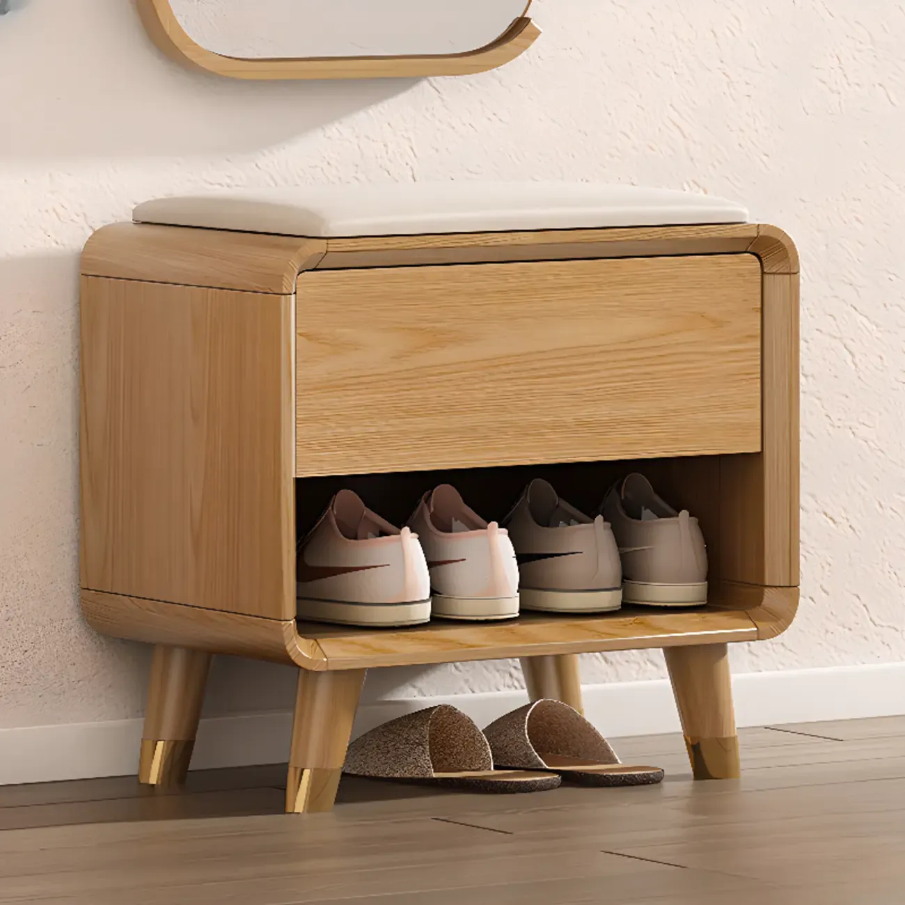 Natural Wood Shoe Storage Bench with Drawers Image - 7