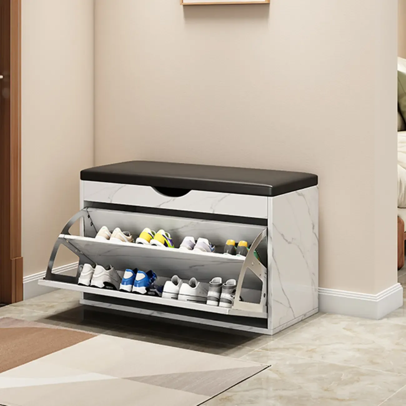  Drop Front Shoe Storage Bench with Slip Top Image - 10