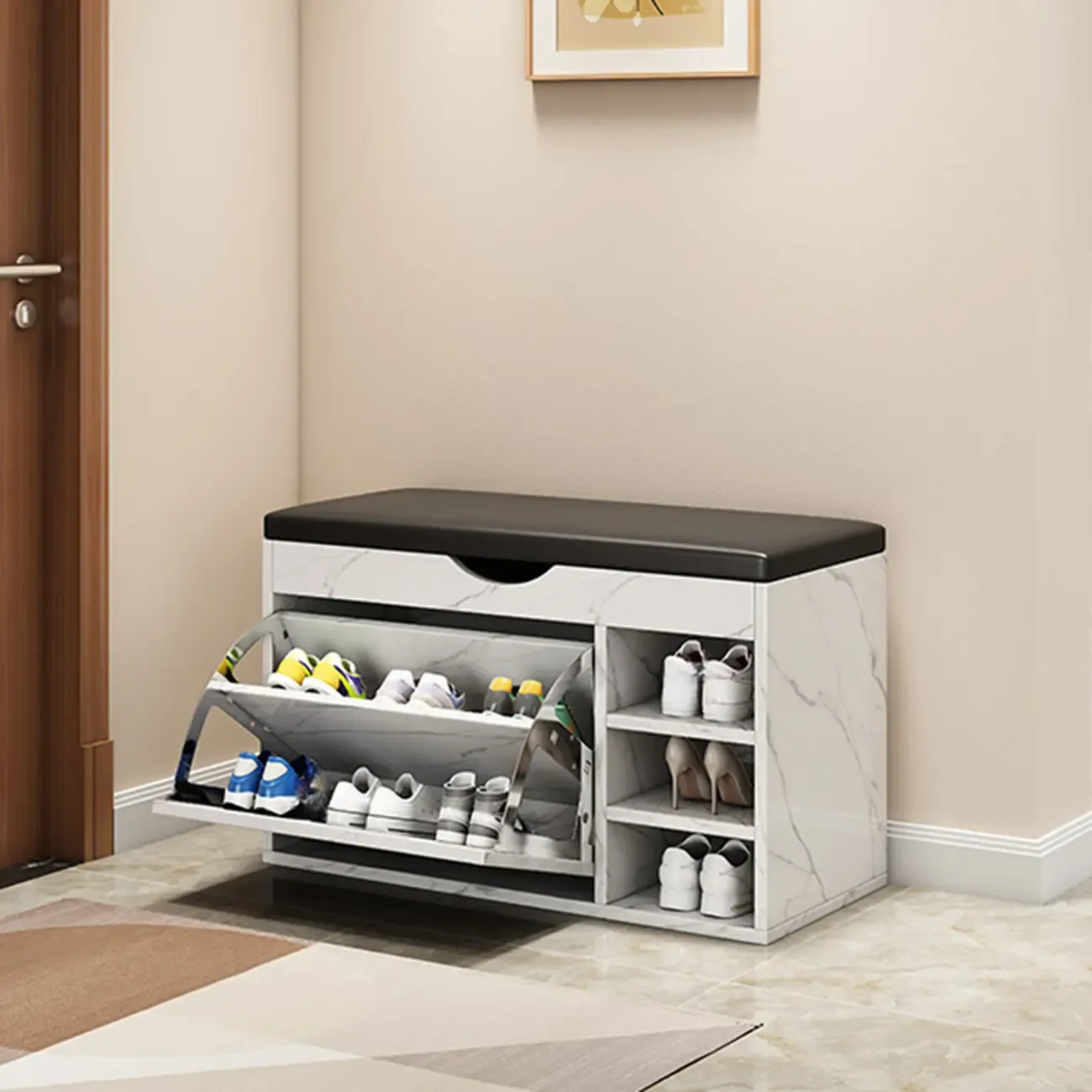  Drop Front Shoe Storage Bench with Slip Top Image - 15