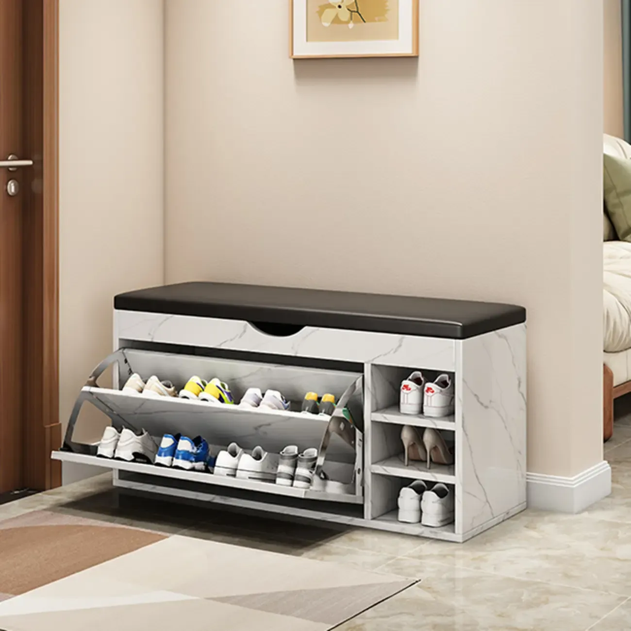  Drop Front Shoe Storage Bench with Slip Top Image - 17