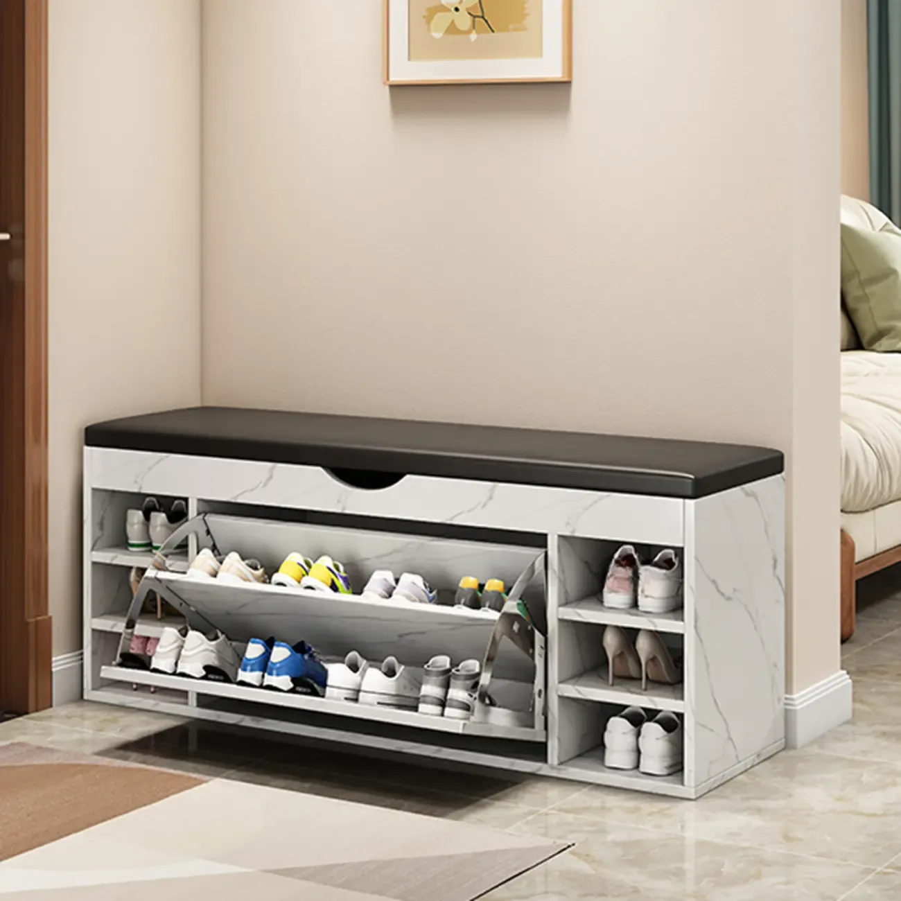  Drop Front Shoe Storage Bench with Slip Top Image - 20