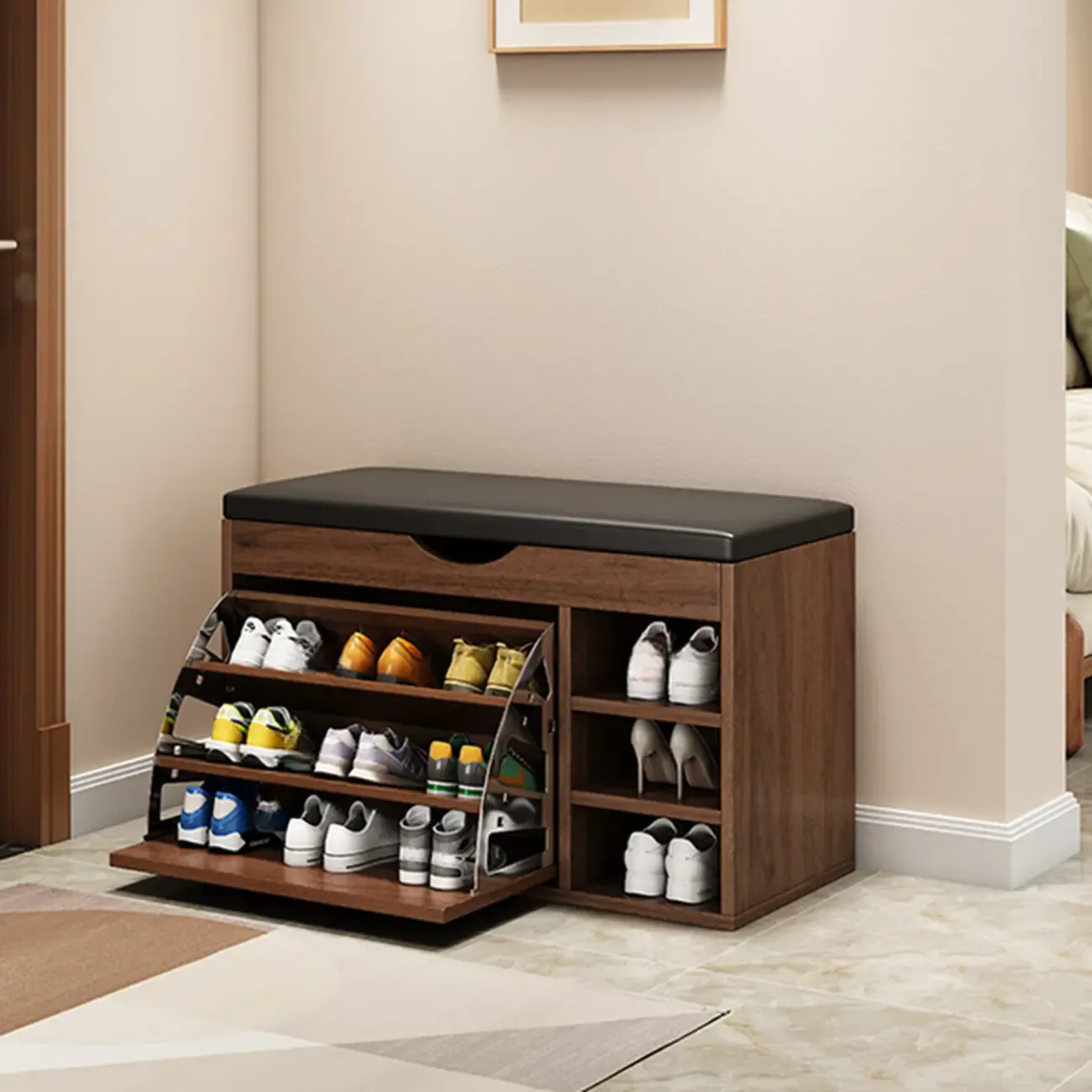  Drop Front Shoe Storage Bench with Slip Top Image - 21