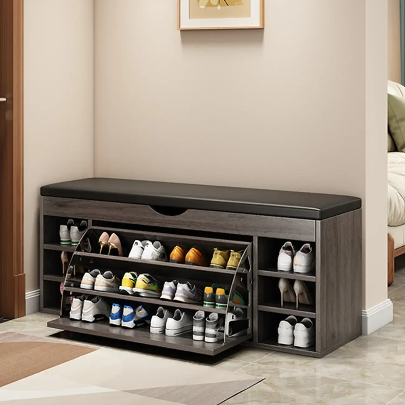  Drop Front Shoe Storage Bench with Slip Top Image - 25