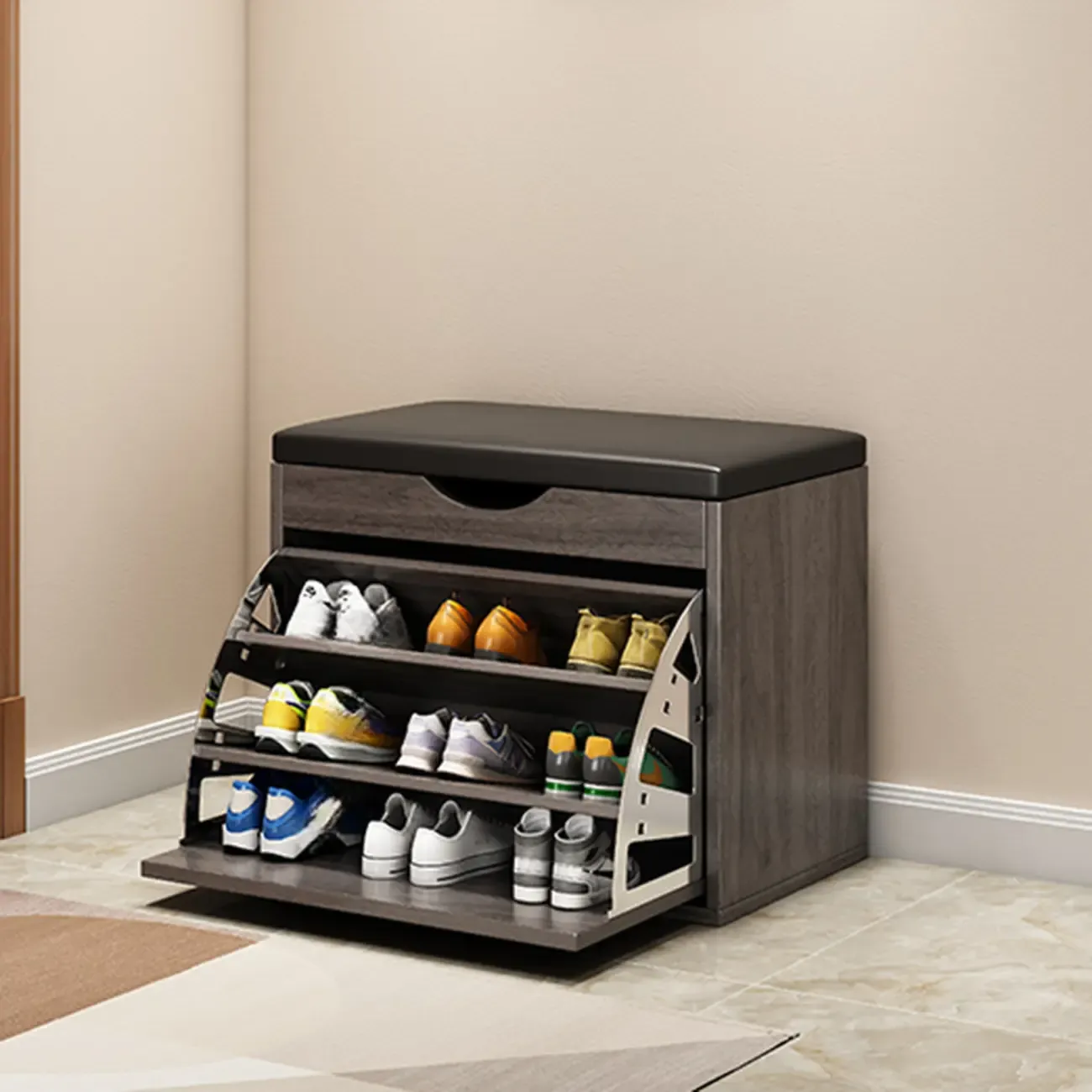 Drop Front Shoe Storage Bench with Slip Top Image - 26