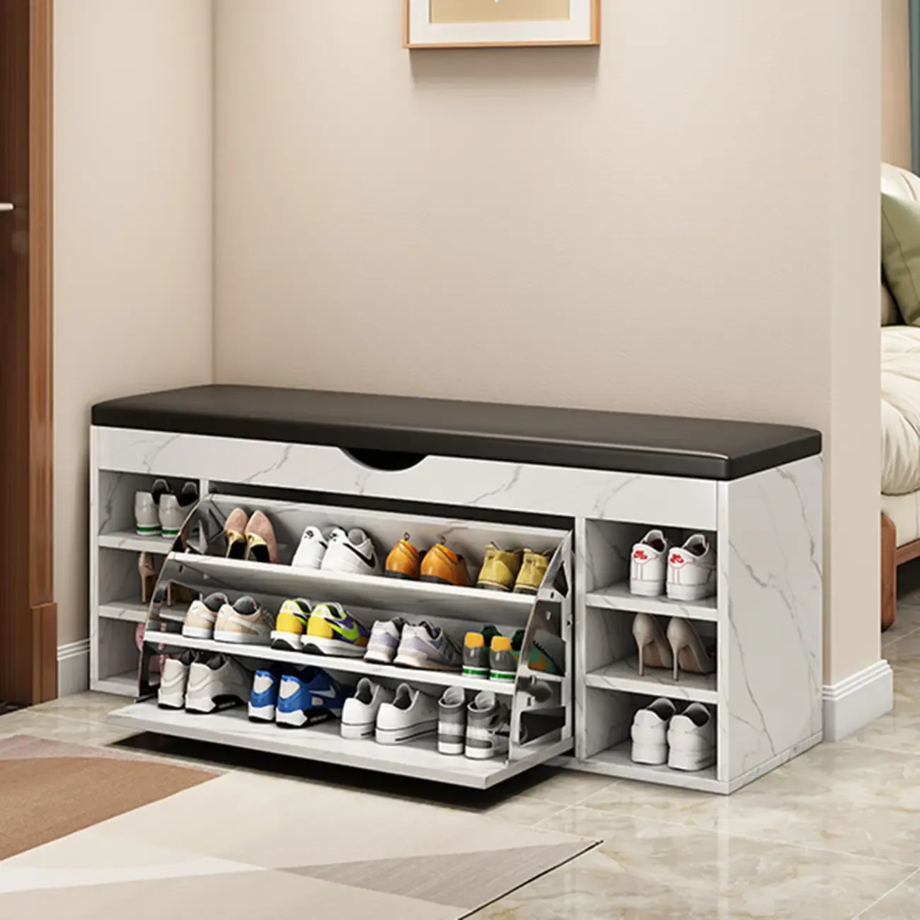  Drop Front Shoe Storage Bench with Slip Top Image - 27