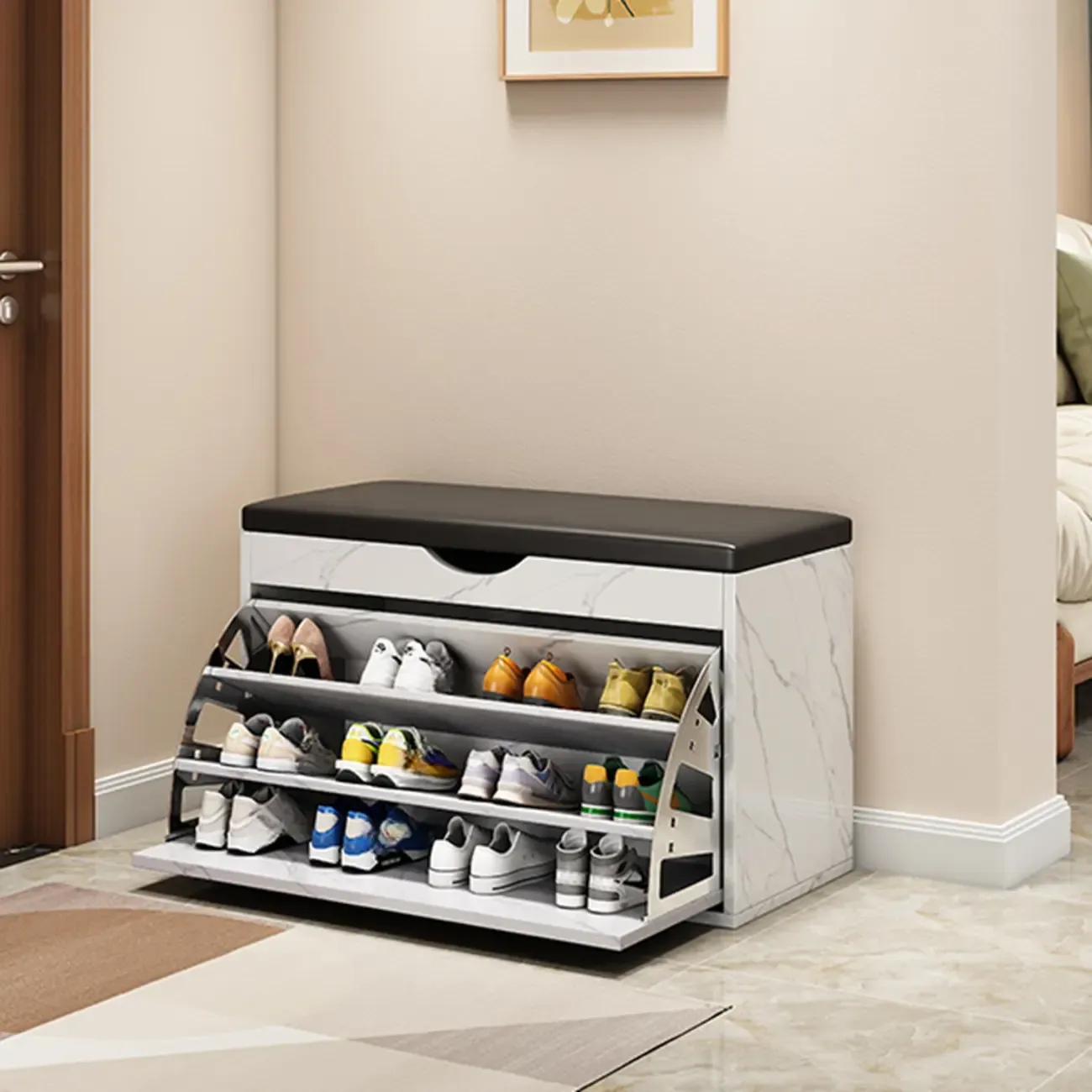  Drop Front Shoe Storage Bench with Slip Top Image - 29