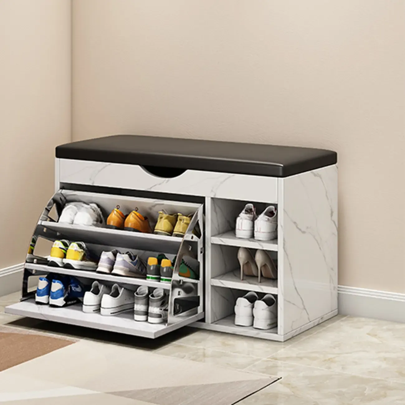  Drop Front Shoe Storage Bench with Slip Top Image - 31