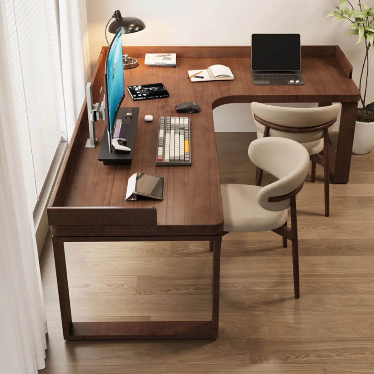 55.1"L Brown Wood Tray L-Shaped Corner Office Desk Image - 1 | homeyfad