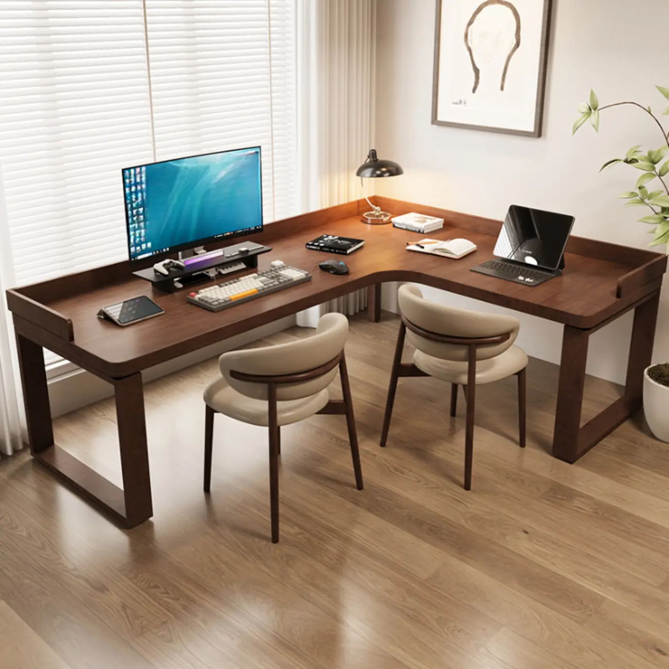 55.1"L Brown Wood Tray L-Shaped Corner Office Desk Image - 2 | homeyfad