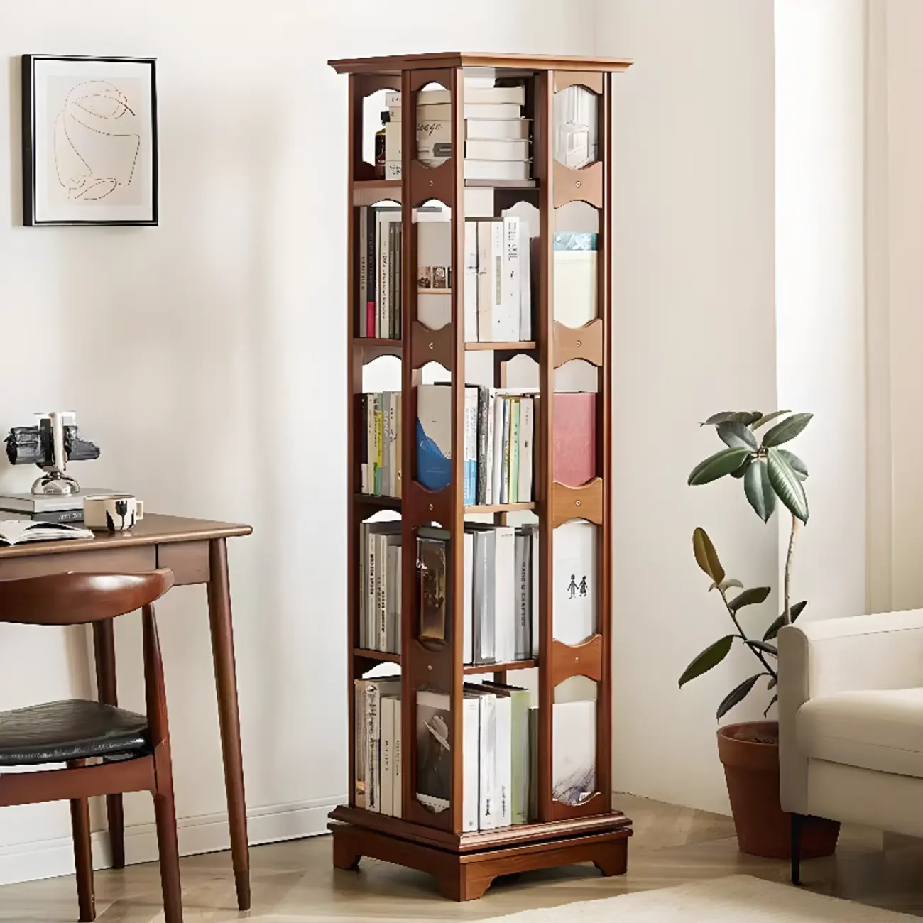 Walnut Tall Wood Multi-Cube Corner Bookshelf with Open Back Image - 1 | homeyfad