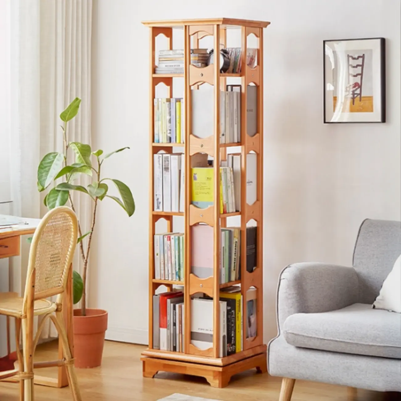 Walnut Tall Wood Multi-Cube Corner Bookshelf with Open Back Image - 2 | homeyfad
