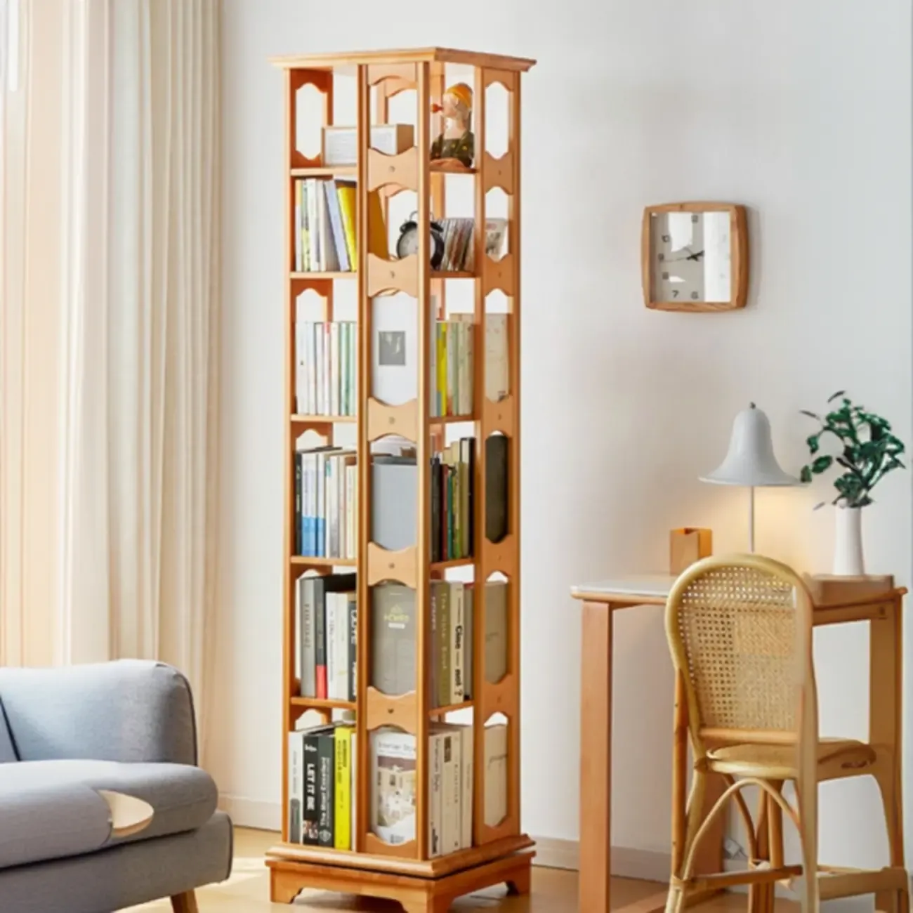 Walnut Tall Wood Multi-Cube Corner Bookshelf with Open Back Image - 4