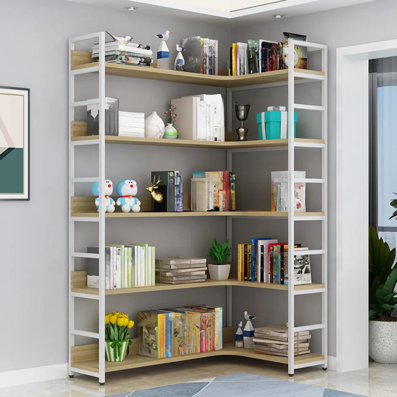 Etagere L-Shaped Metal & Wood Corner Bookcase Image - 1 | homeyfad