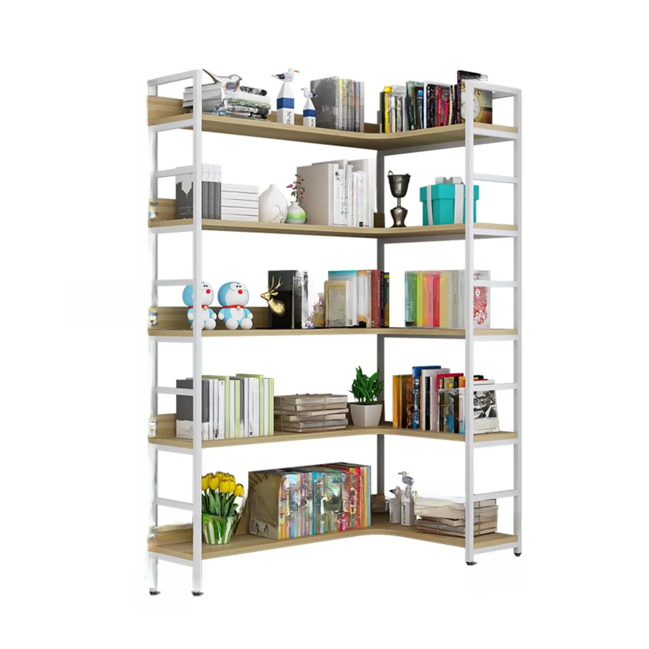 Etagere L-Shaped Metal & Wood Corner Bookcase Image - 2 | homeyfad