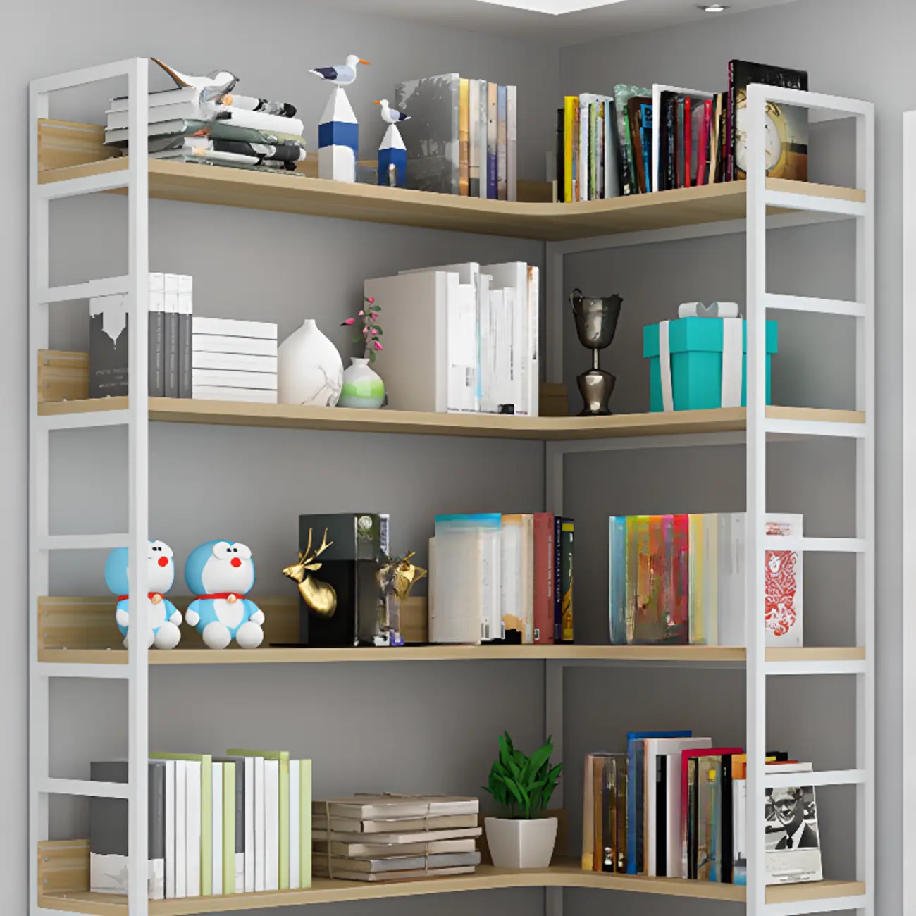 Etagere L-Shaped Metal & Wood Corner Bookcase Image - 3 | homeyfad