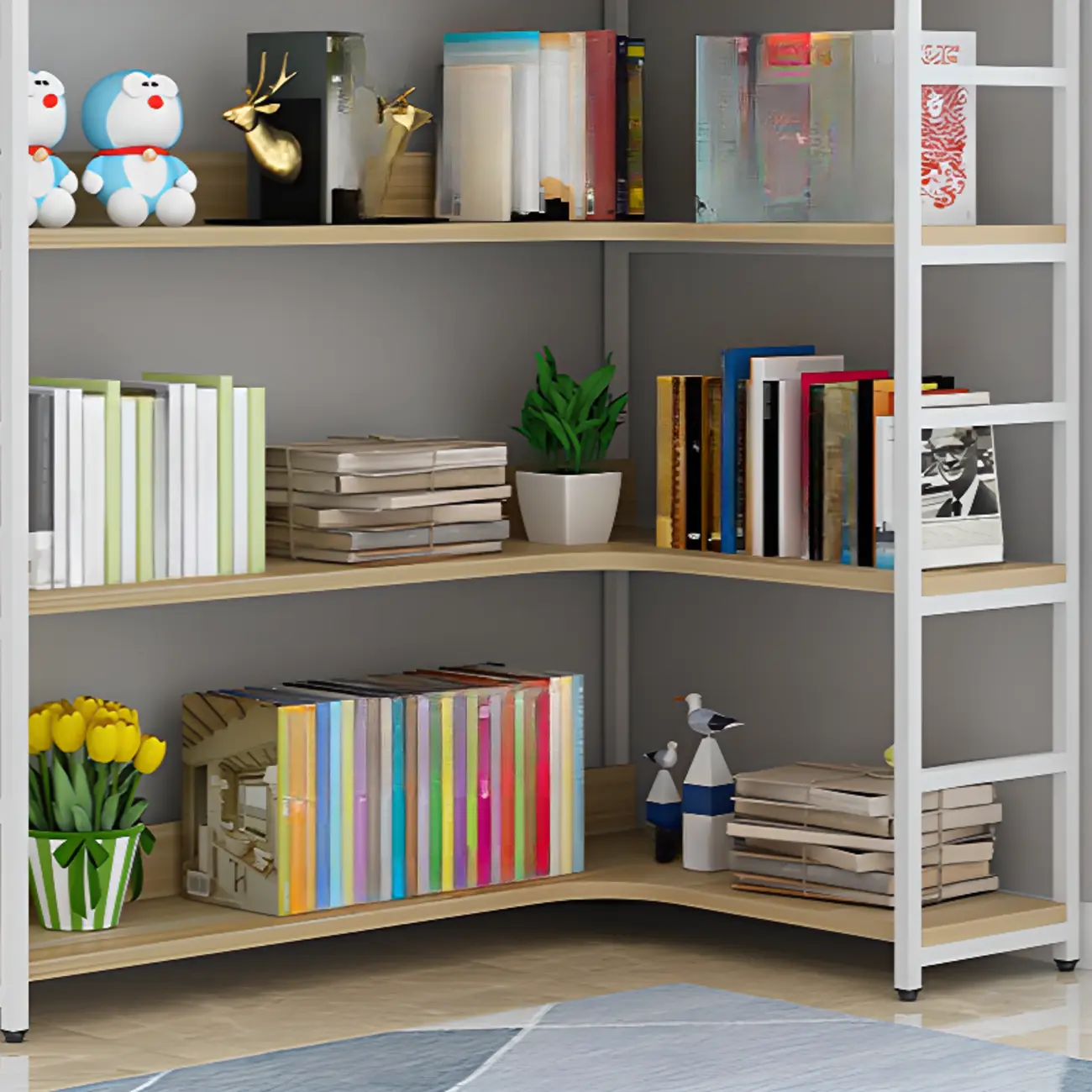 Etagere L-Shaped Metal & Wood Corner Bookcase Image - 4 | homeyfad