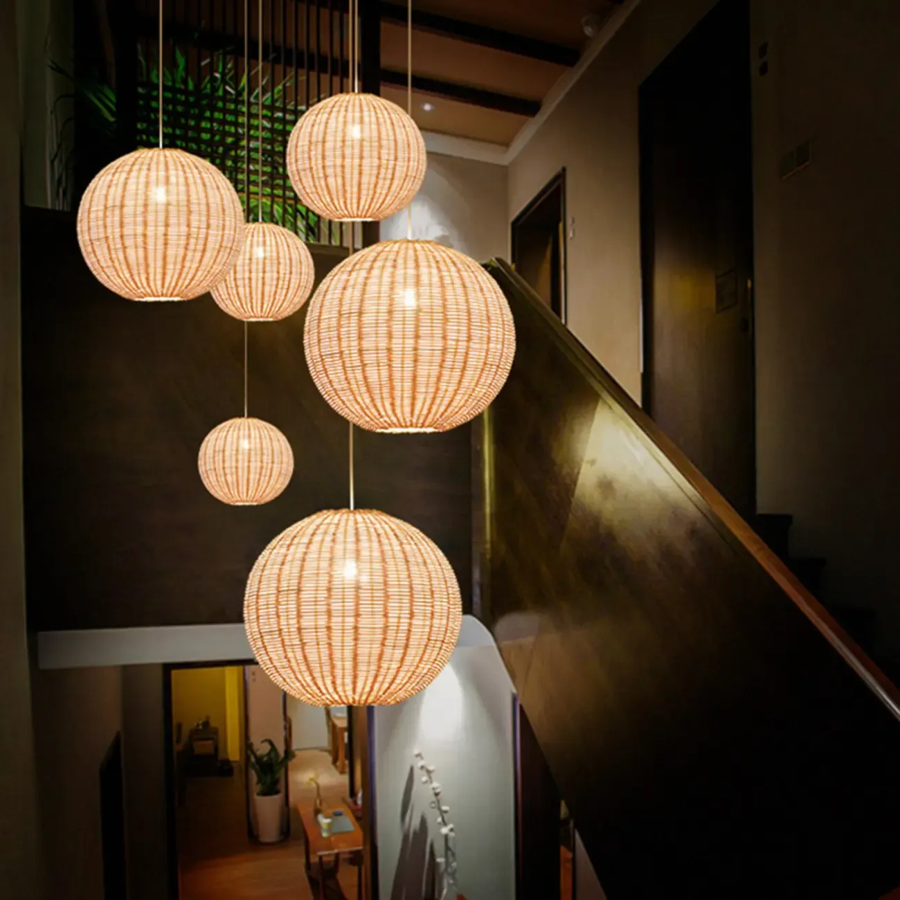 Oriental Beige Rattan Globe Pendant Light Fixture for Indoor   Image - 1