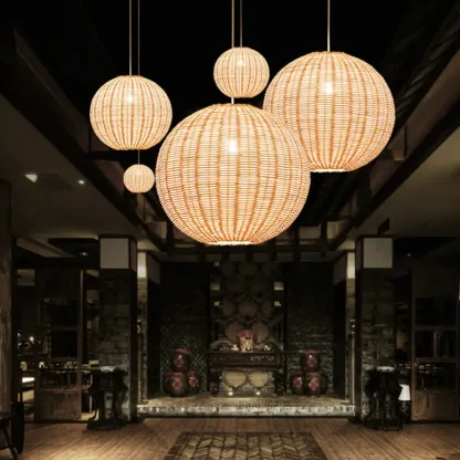 Oriental Beige Rattan Globe Pendant Light Fixture for Indoor   Image - 2