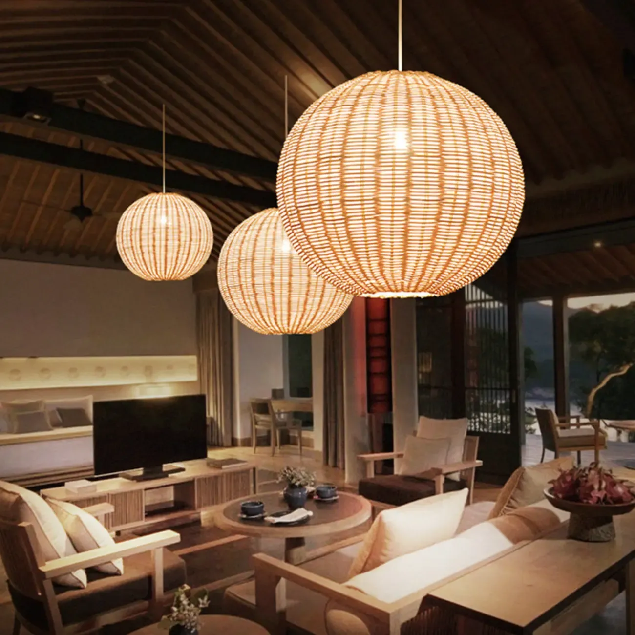 Oriental Beige Rattan Globe Pendant Light Fixture for Indoor   Image - 3