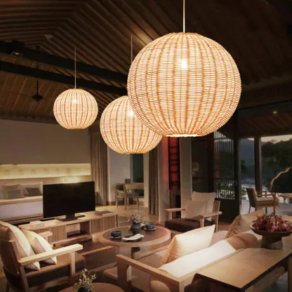 Oriental Beige Rattan Globe Pendant Light Fixture for Indoor   Image - 3