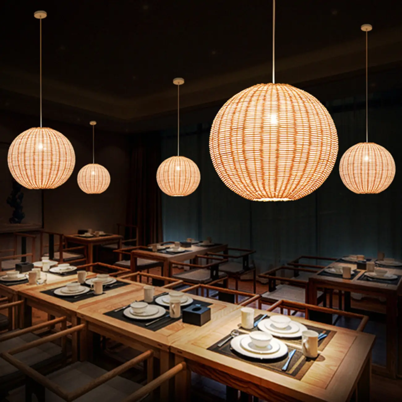 Oriental Beige Rattan Globe Pendant Light Fixture for Indoor   Image - 4 | homeyfad