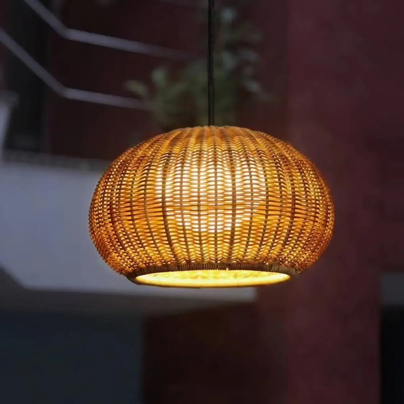 Oriental Brown Outdoor Rattan Pendant Lights in Drum Shaped Image - 1