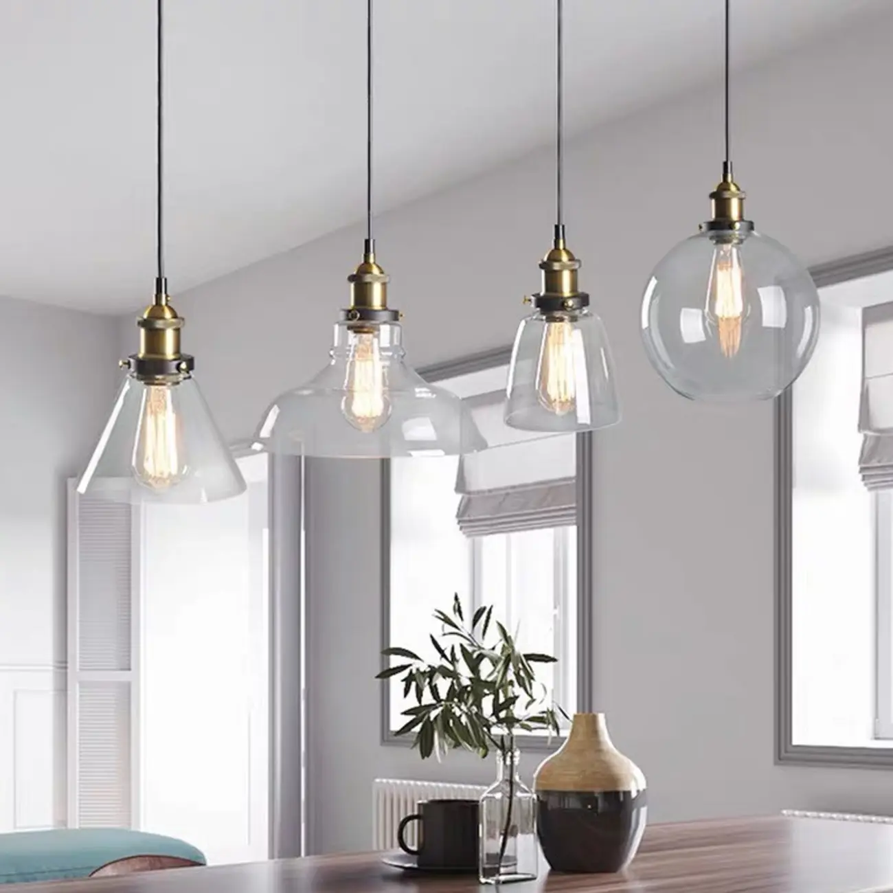 Old School Hardwired Globe/Barrel/Warehouse Clear Glass Pendant for Indoor with Grey/Translucent/Amber Vitreous Shade | homeyfad