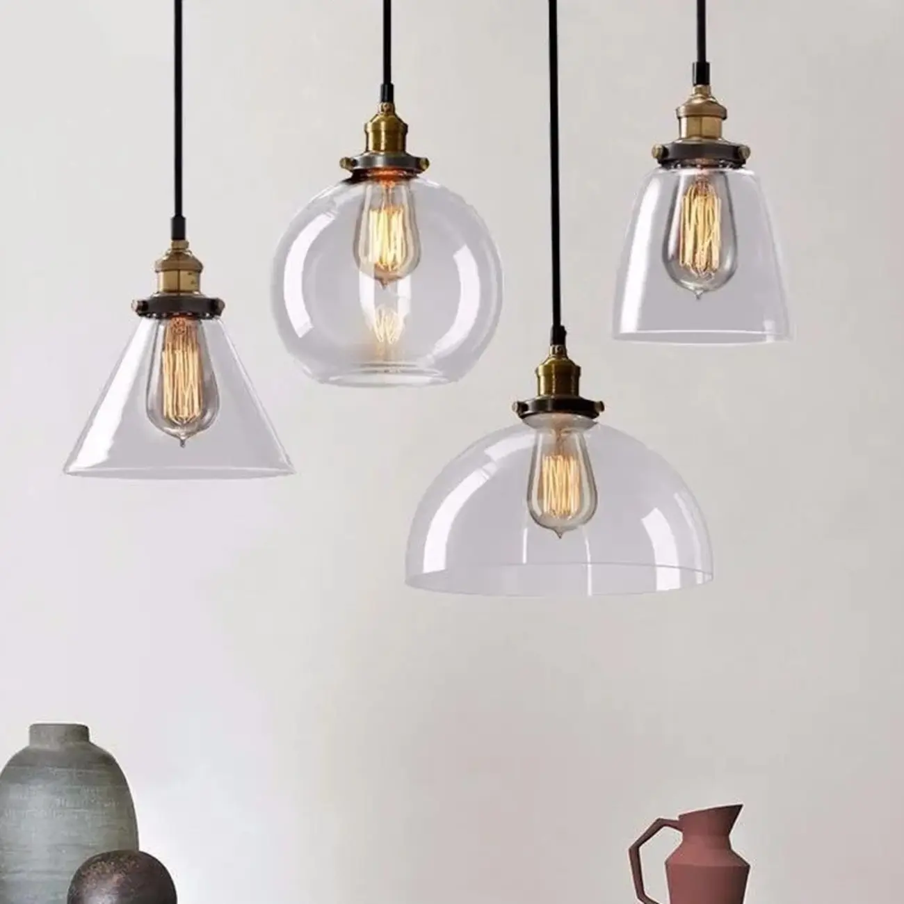 Old School Hardwired Globe/Barrel/Warehouse Clear Glass Pendant for Indoor with Grey/Translucent/Amber Vitreous Shade | homeyfad