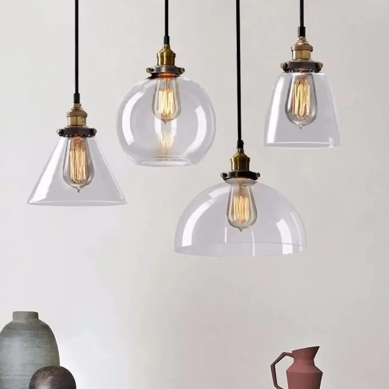 Old School Hardwired Globe/Barrel/Warehouse Clear Glass Pendant for Indoor with Grey/Translucent/Amber Vitreous Shade