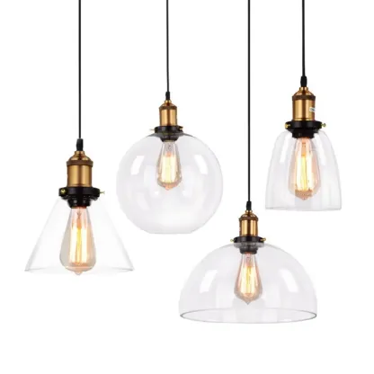 Old School Hardwired Globe/Barrel/Warehouse Clear Glass Pendant for Indoor with Grey/Translucent/Amber Vitreous Shade