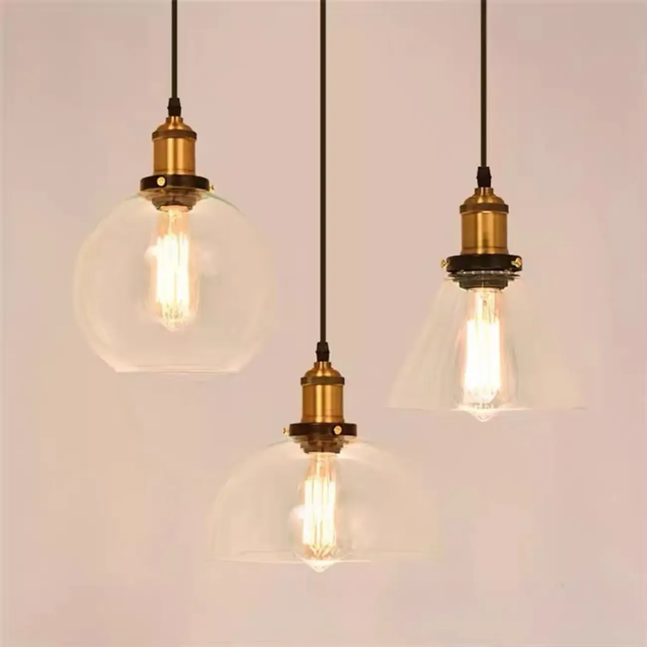 Old School Hardwired Globe/Barrel/Warehouse Clear Glass Pendant for Indoor with Grey/Translucent/Amber Vitreous Shade