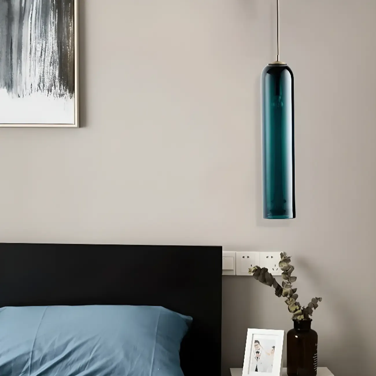 Modern Metal Green Glass Cylinder Pendant Light Image - 4