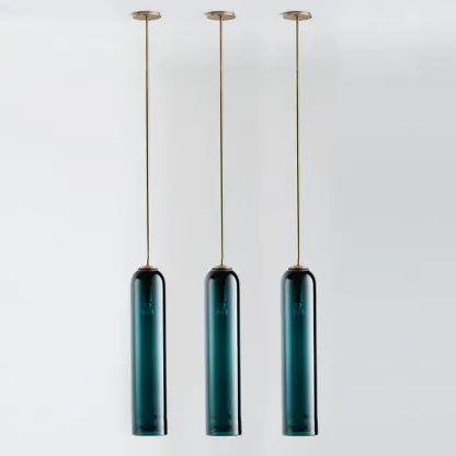 Modern Metal Green Glass Cylinder Pendant Light Image - 6
