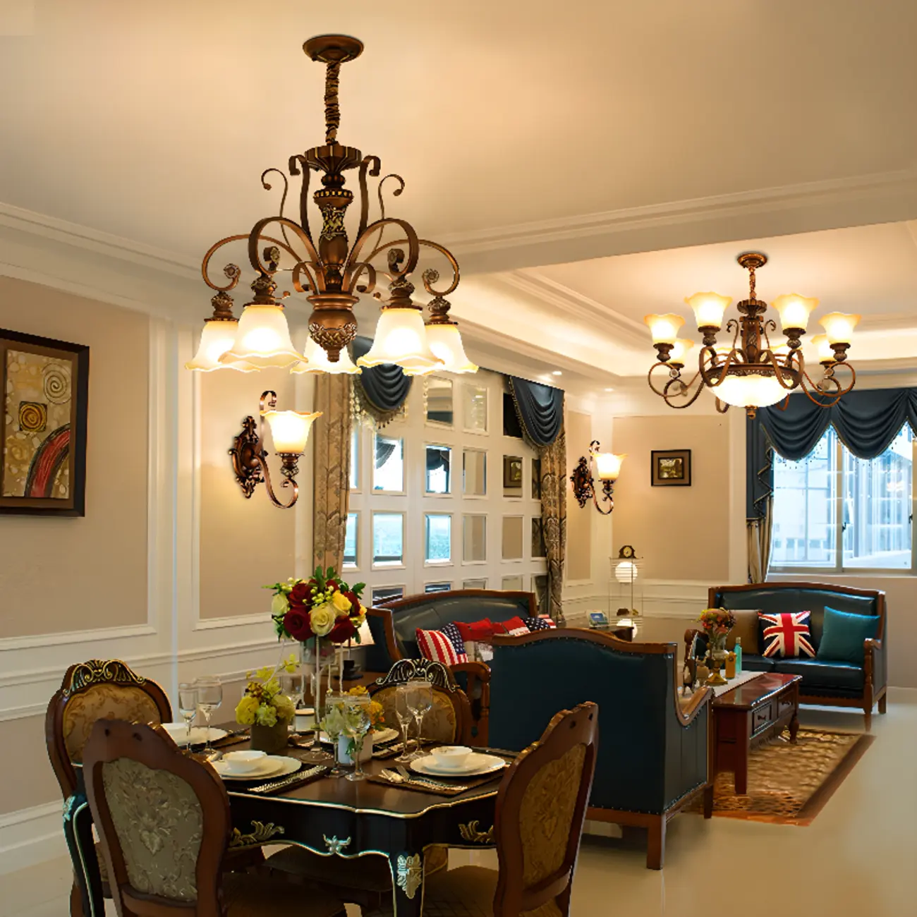 Vintage Curved Arm Frosted Glass Floral Chandelier Image - 1 | homeyfad