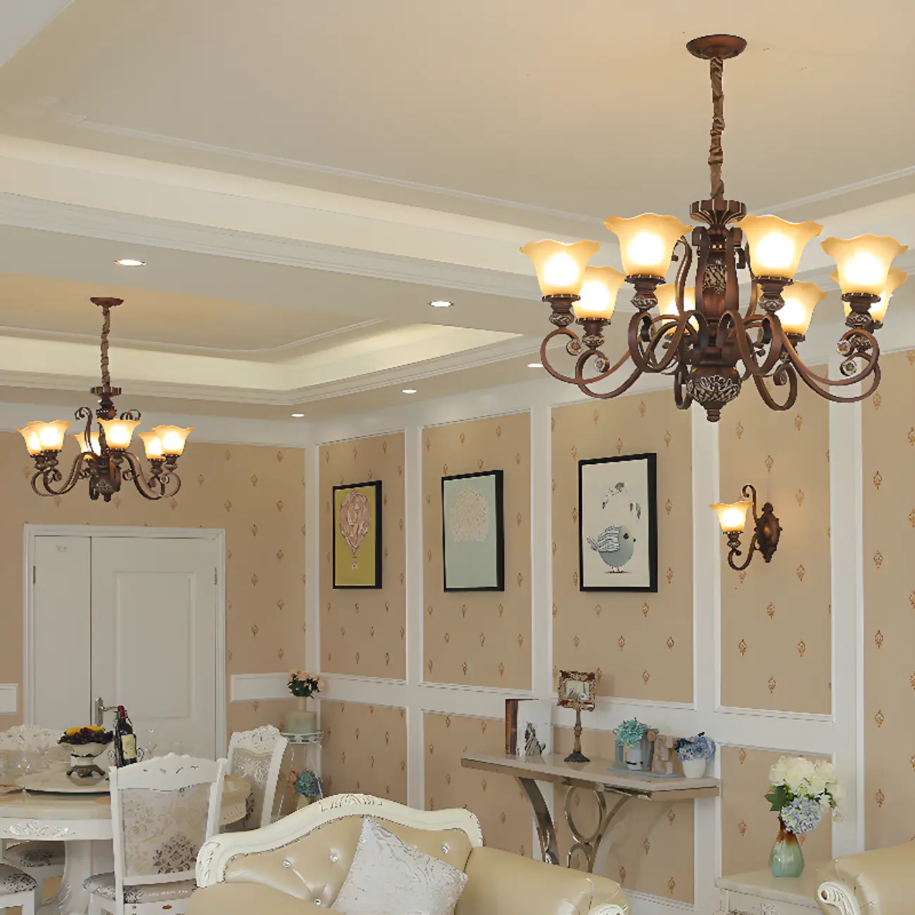 Vintage Curved Arm Frosted Glass Floral Chandelier Image - 7 | homeyfad