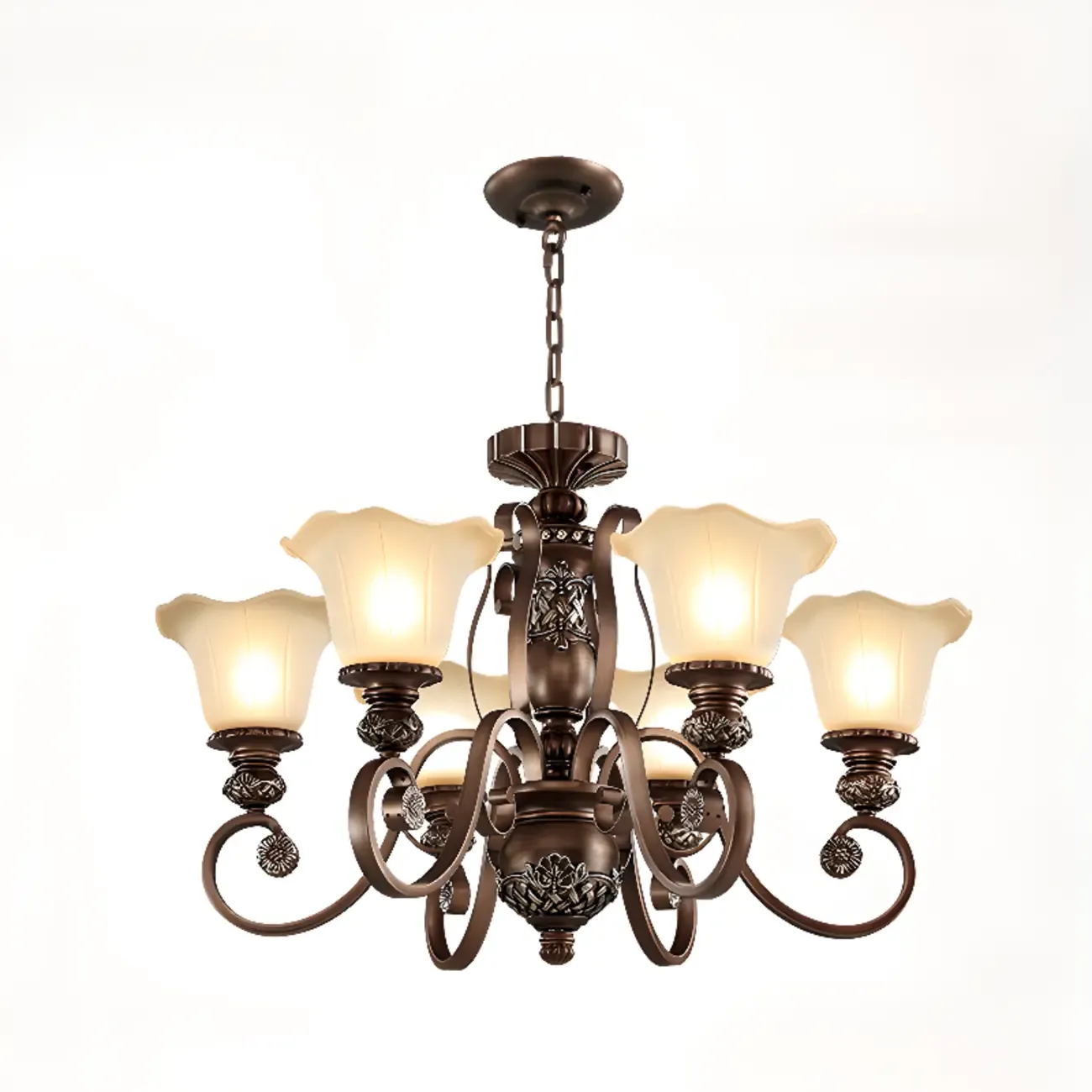 Vintage Curved Arm Frosted Glass Floral Chandelier Image - 14