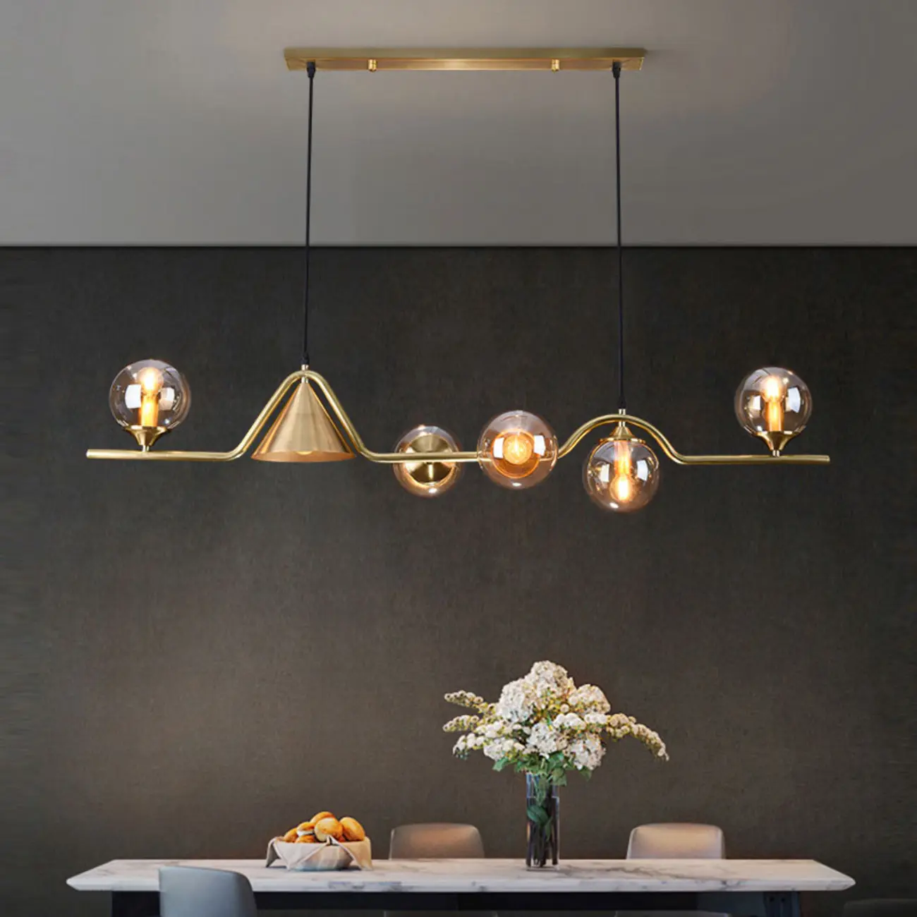 Dining Area Modern Brass Glass LED Island Pendant Light Image - 3 | homeyfad
