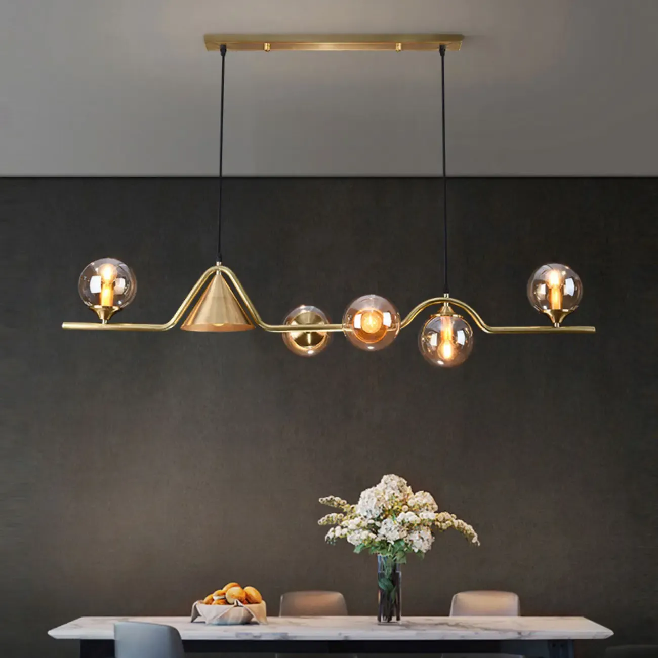 Dining Area Modern Brass Glass LED Island Pendant Light Image - 3