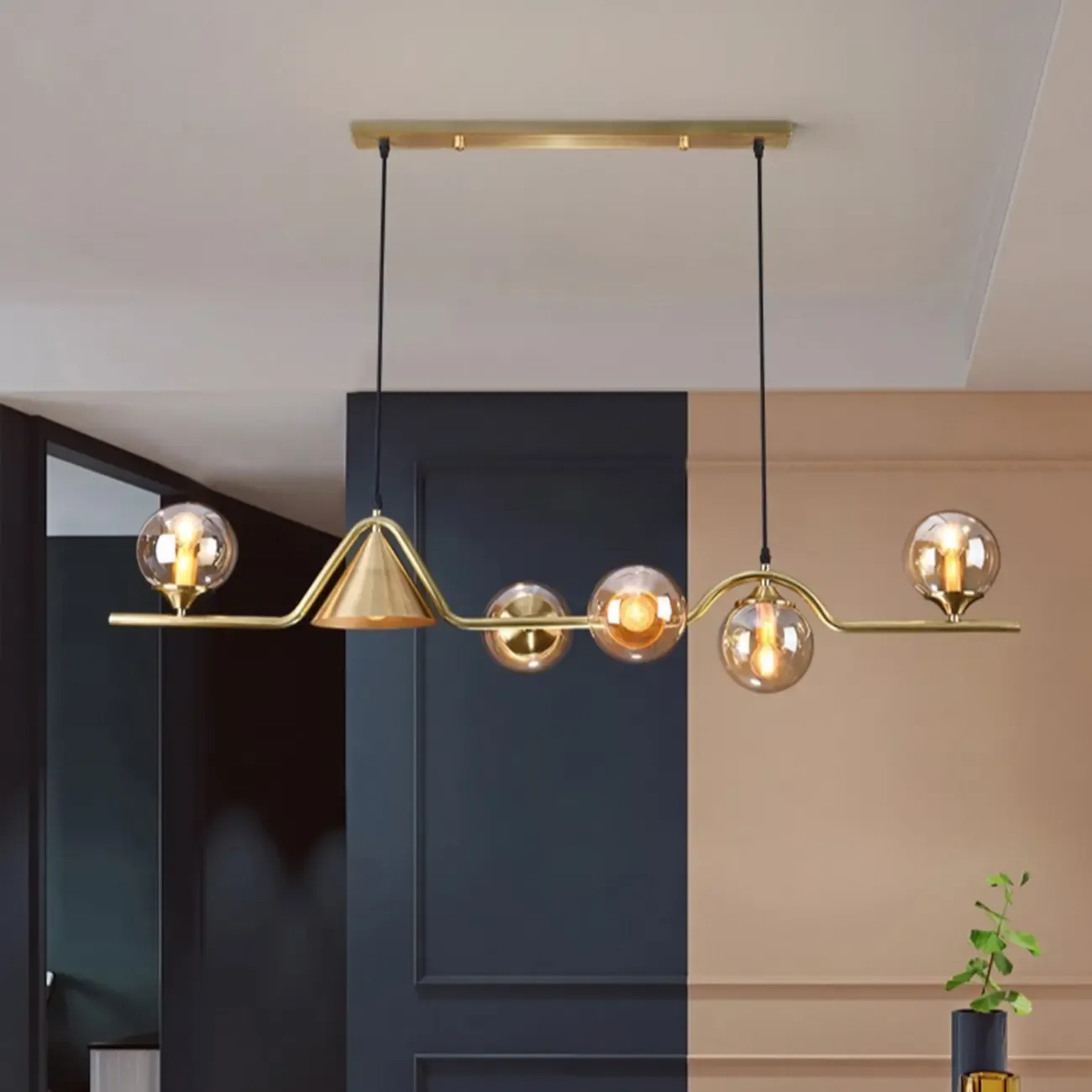 Dining Area Modern Brass Glass LED Island Pendant Light Image - 7