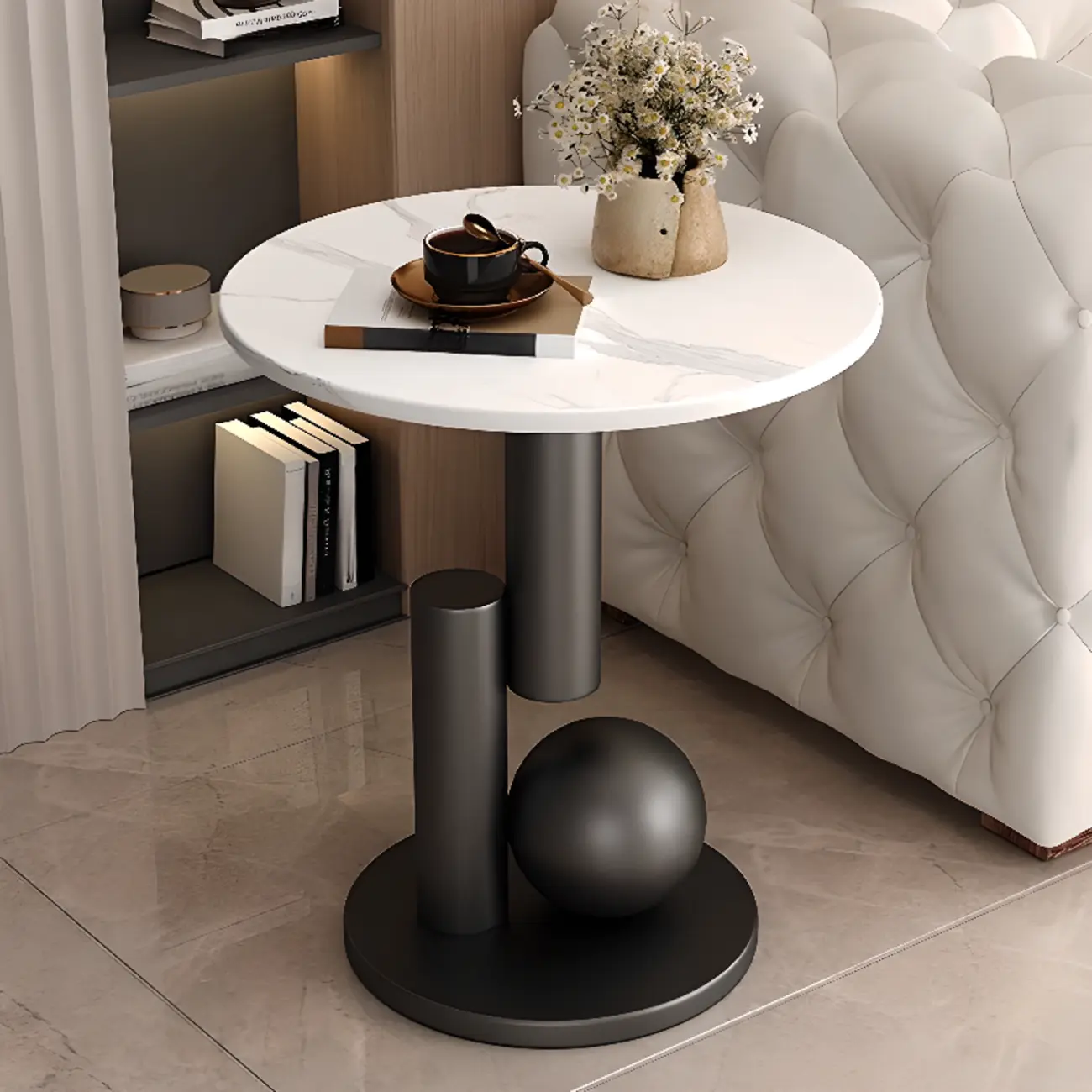 Glam Round Stone Top End Table Abstract Base Image - 1 | homeyfad