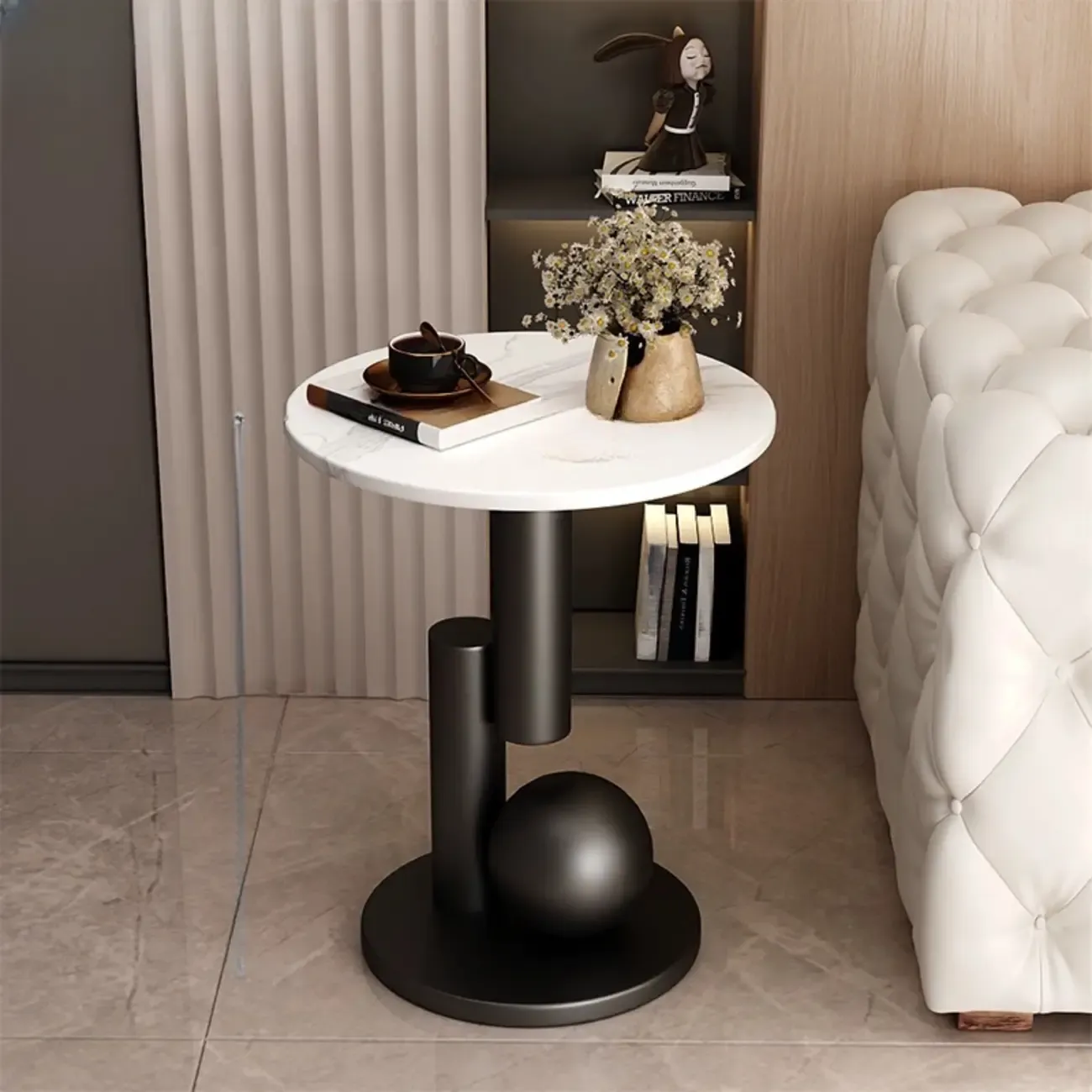 Glam Round Stone Top End Table Abstract Base Image - 2