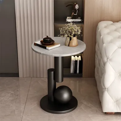 Glam Round Stone Top End Table Abstract Base Image - 3