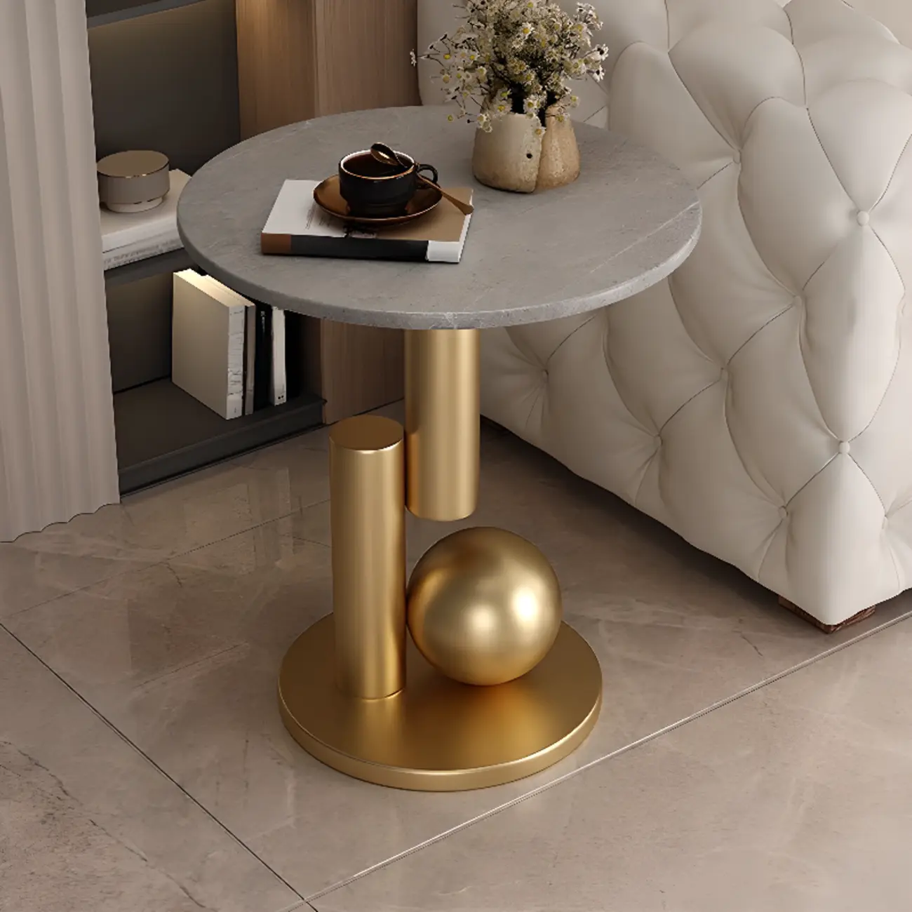 Glam Round Stone Top End Table Abstract Base Image - 4 | homeyfad
