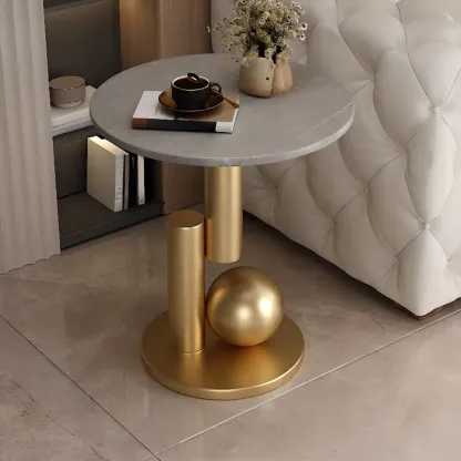 Glam Round Stone Top End Table Abstract Base Image - 4