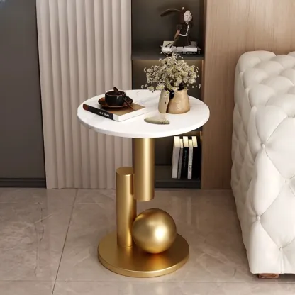 Glam Round Stone Top End Table Abstract Base Image - 5