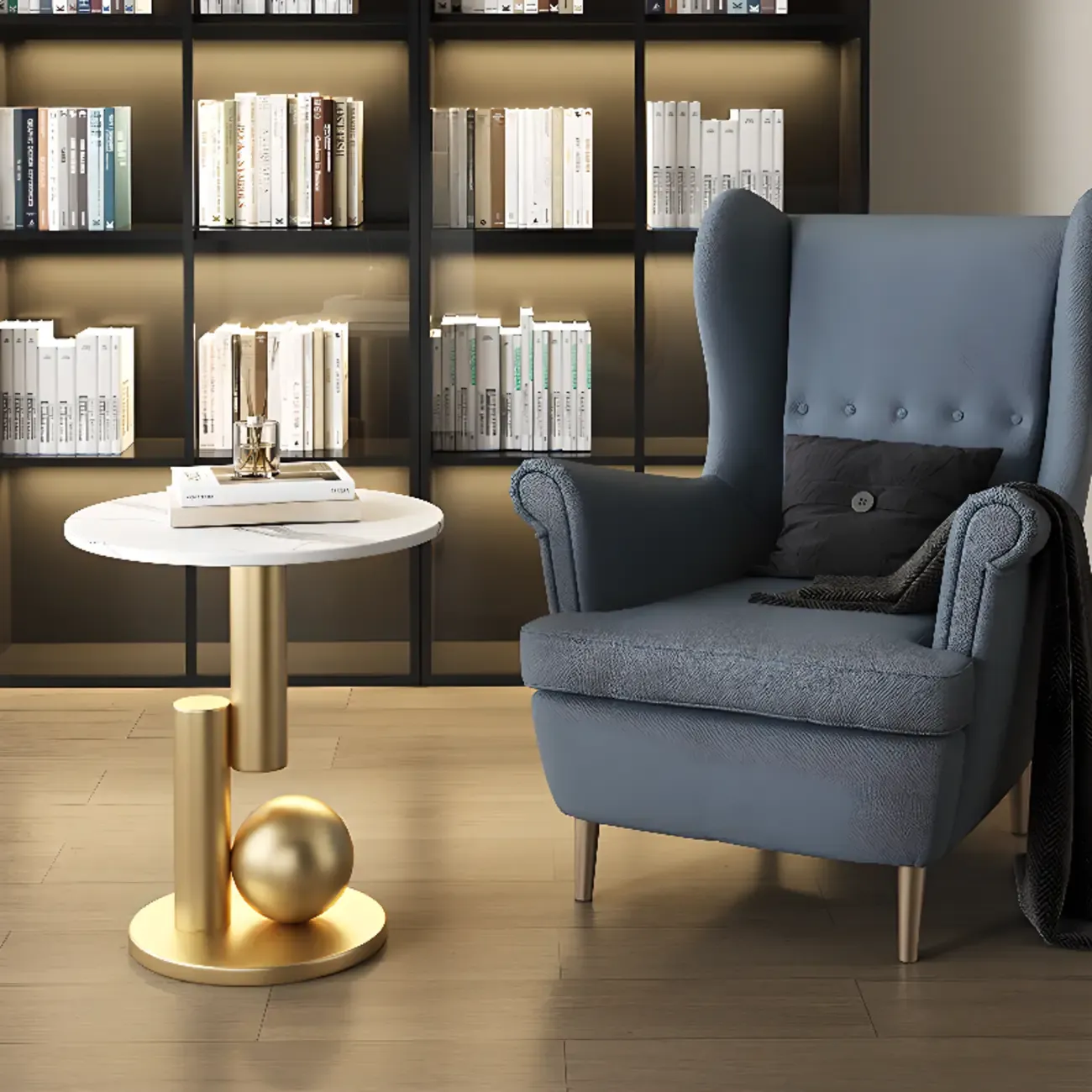 Glam Round Stone Top End Table Abstract Base Image - 6