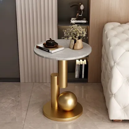 Glam Round Stone Top End Table Abstract Base Image - 7