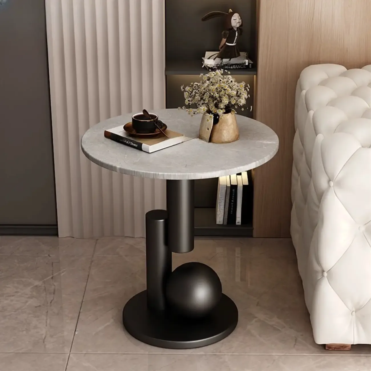 Glam Round Stone Top End Table Abstract Base Image - 9