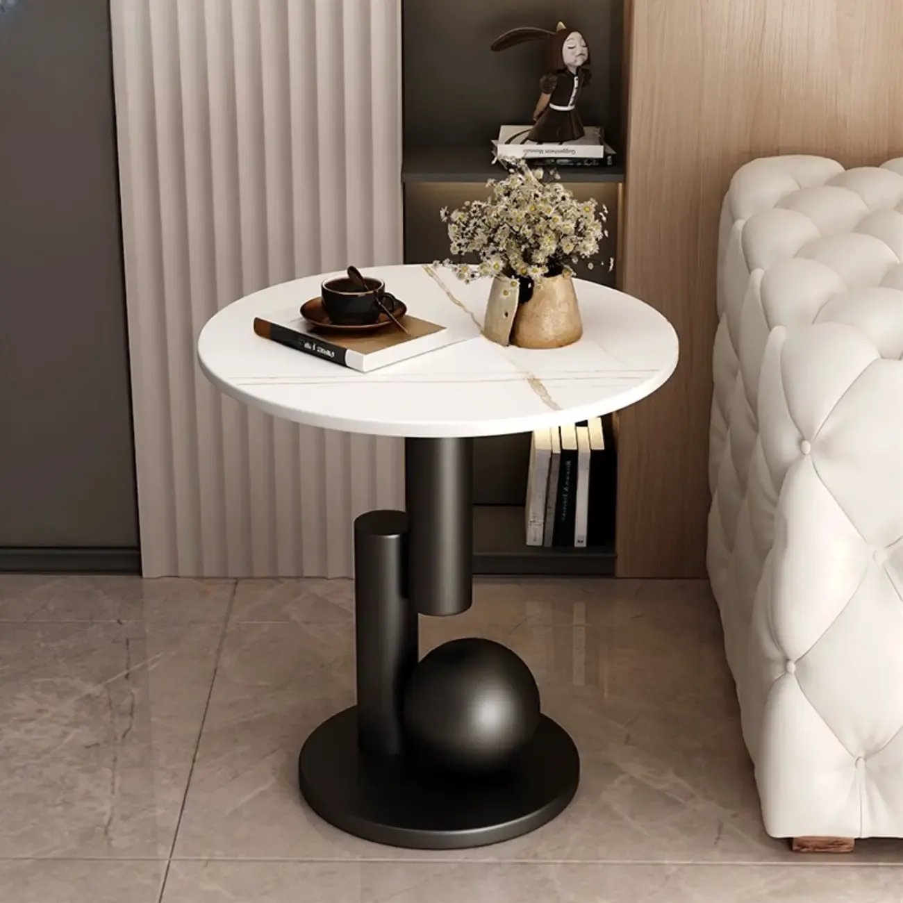 Glam Round Stone Top End Table Abstract Base Image - 11